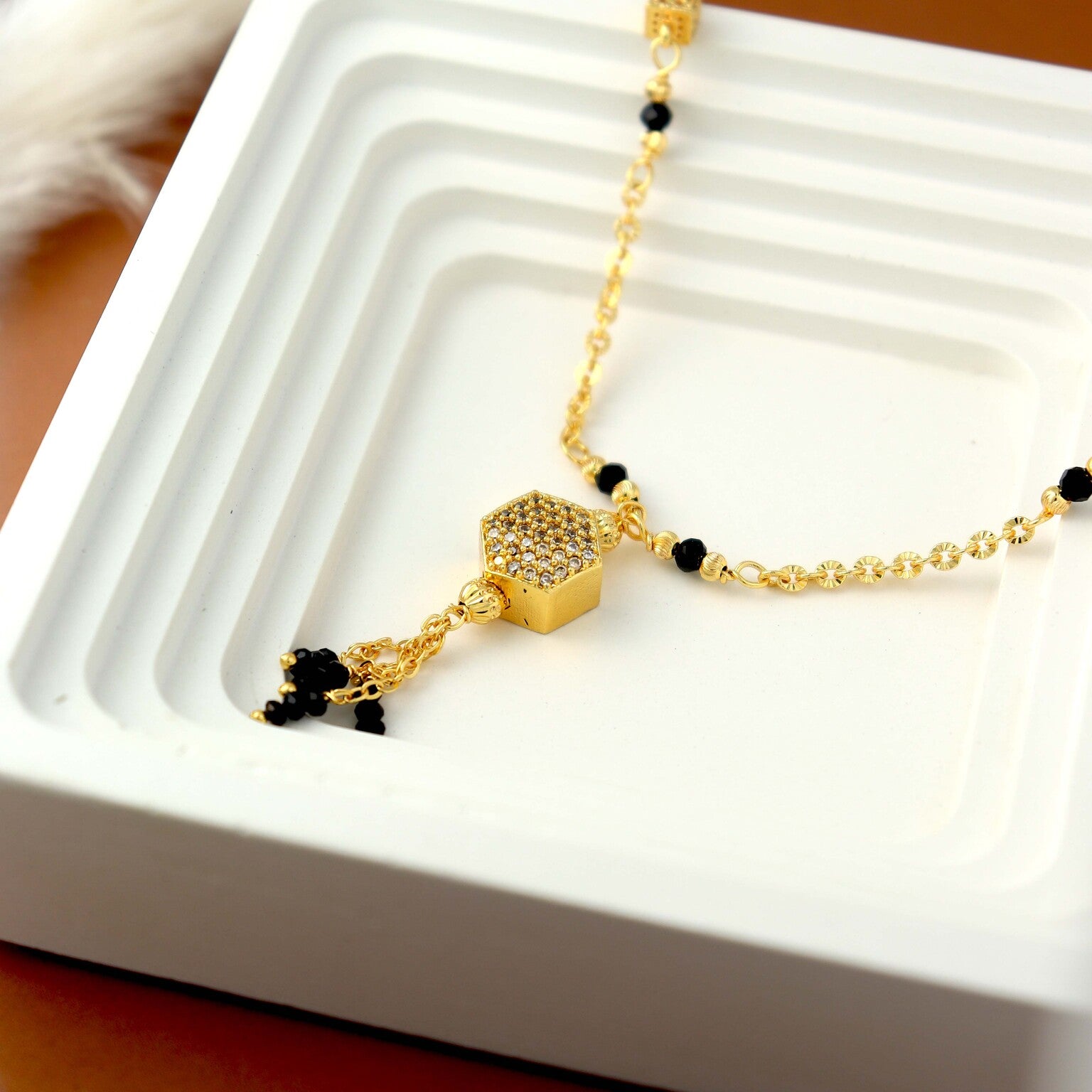 Gold-Plated Hexagon Mangalsutra with Crystal Pendant