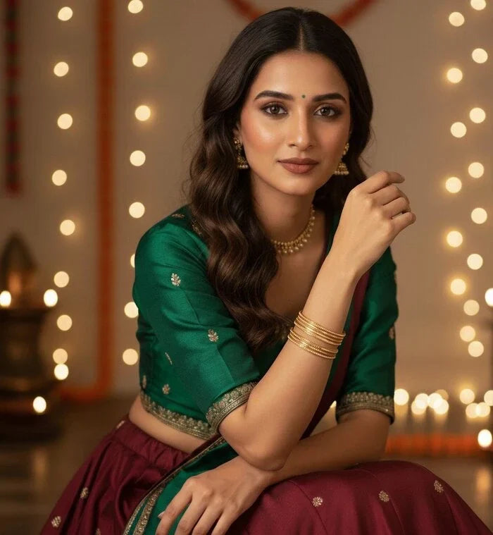 Close-up of a smiling Indian woman's hand adorned with elegant Own It Pure gold bangles, perfect for Dhanteras celebrations.