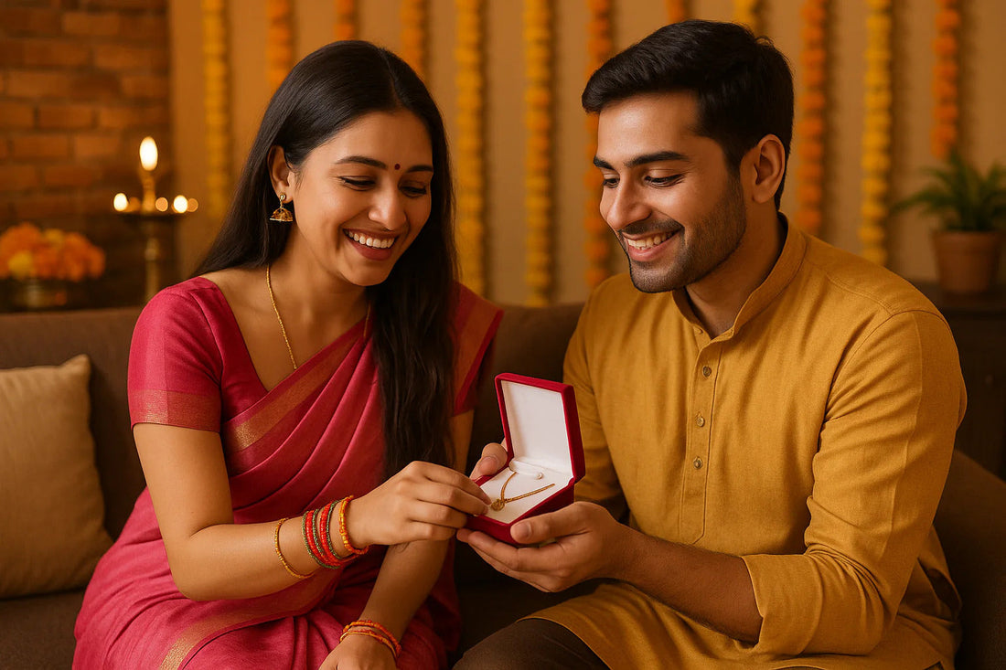 Rakshabandhan jewelry gift – brother gifting an elegant gold necklace in a red box to sister in pink saree, celebrating the unbreakable sibling bond with timeless jewelry from Own It Pure.