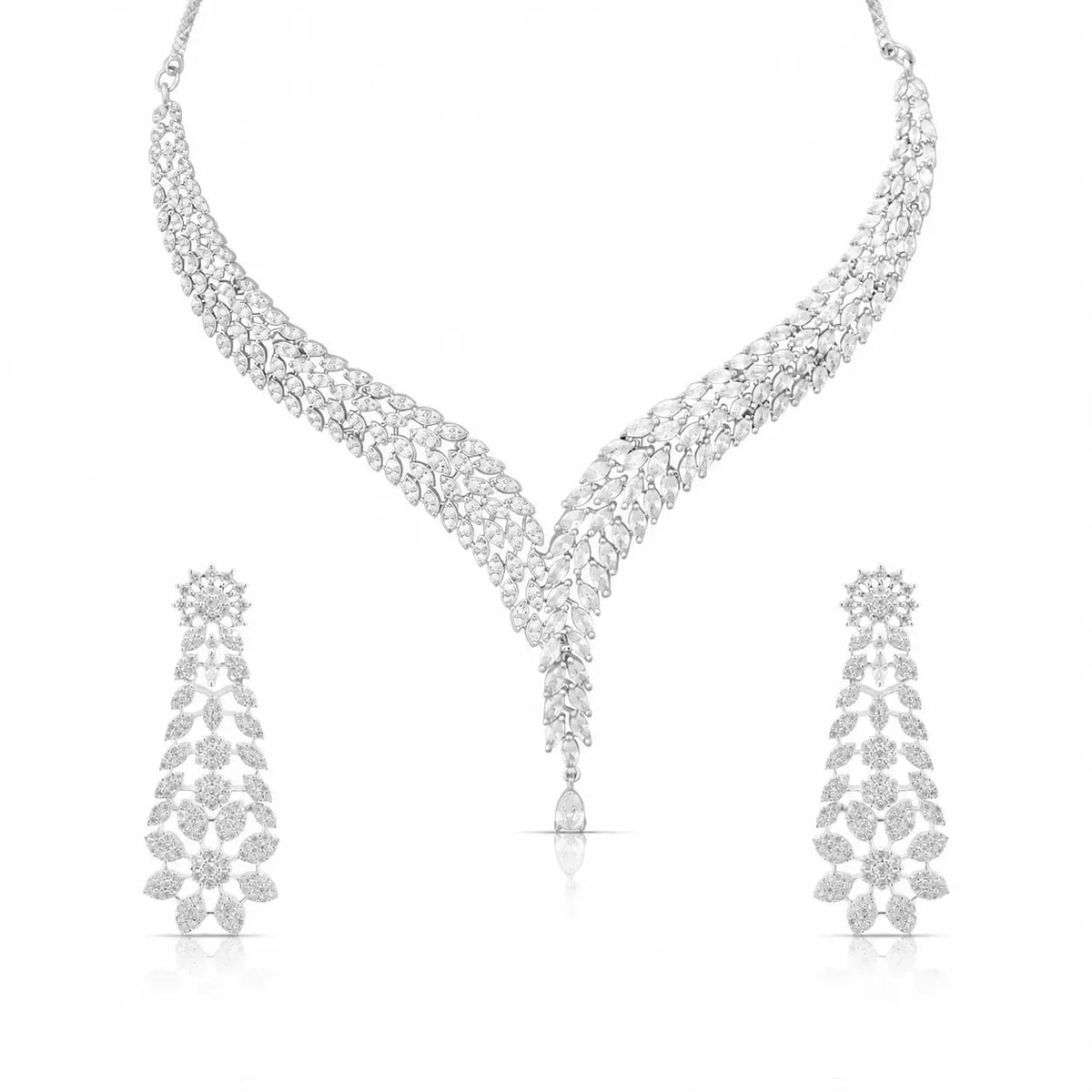 Velora V Cascade – American Diamond V-Cascade Necklace & Earring Set for Women | Silver Plated