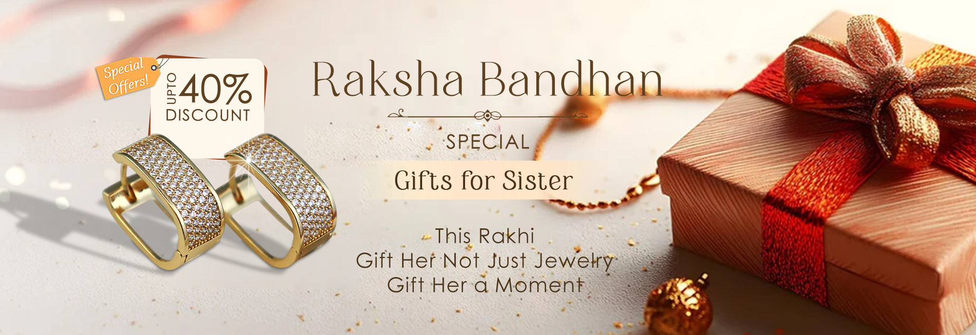 Advertisement for Raksha Bandhan with gold jewelry and a gift box, featuring a 40% discount offer.