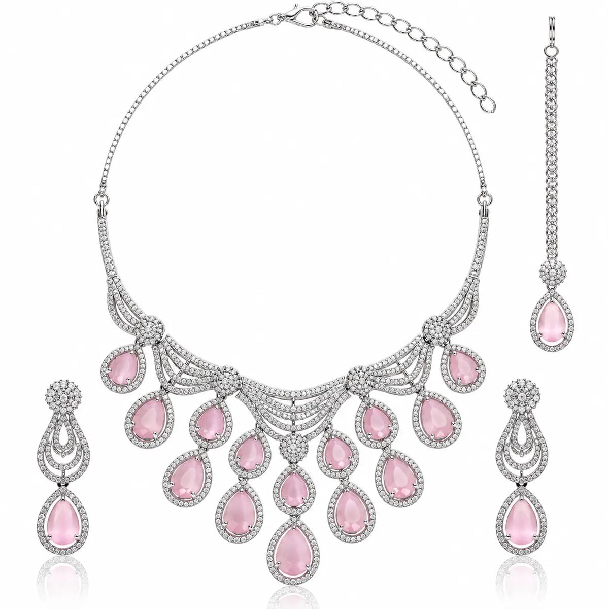 Pink Bloom Set | Floral Pink Stone Necklace & Earrings for Weddings