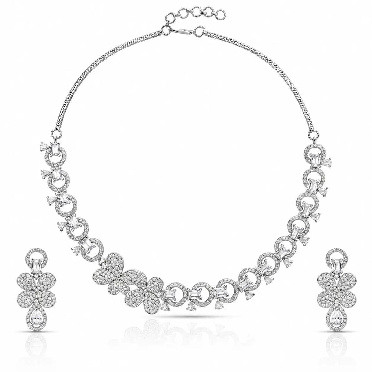 Radiant Floral Necklace Set – American Diamond Floral Necklace & Earrings