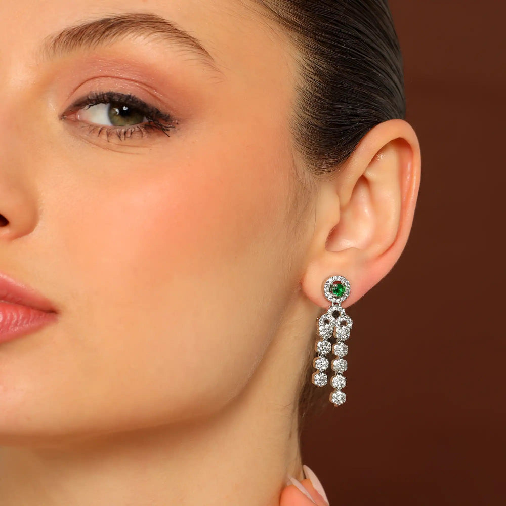 emerald layered necklace, green stone necklace for women, american diamond necklace, silver finish necklace, bridal green necklace, statement necklace women, party wear necklace, premium imitation jewellery, own it pure necklace