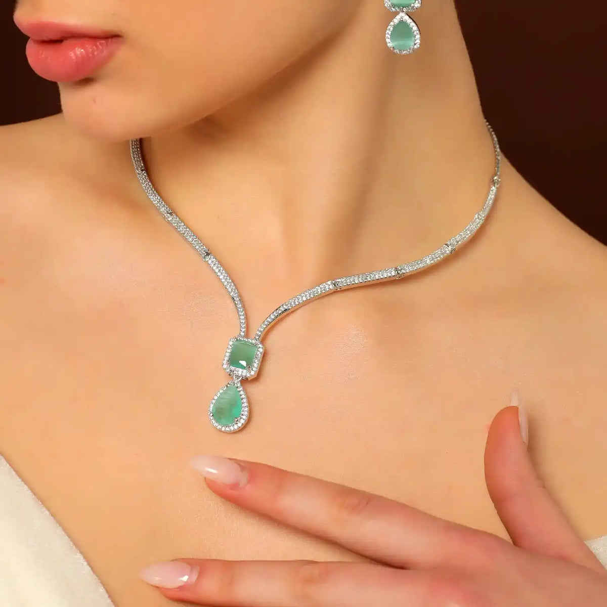 Aqua Necklace Set | Light Blue Stone Necklace with Studs for Brunch Looks