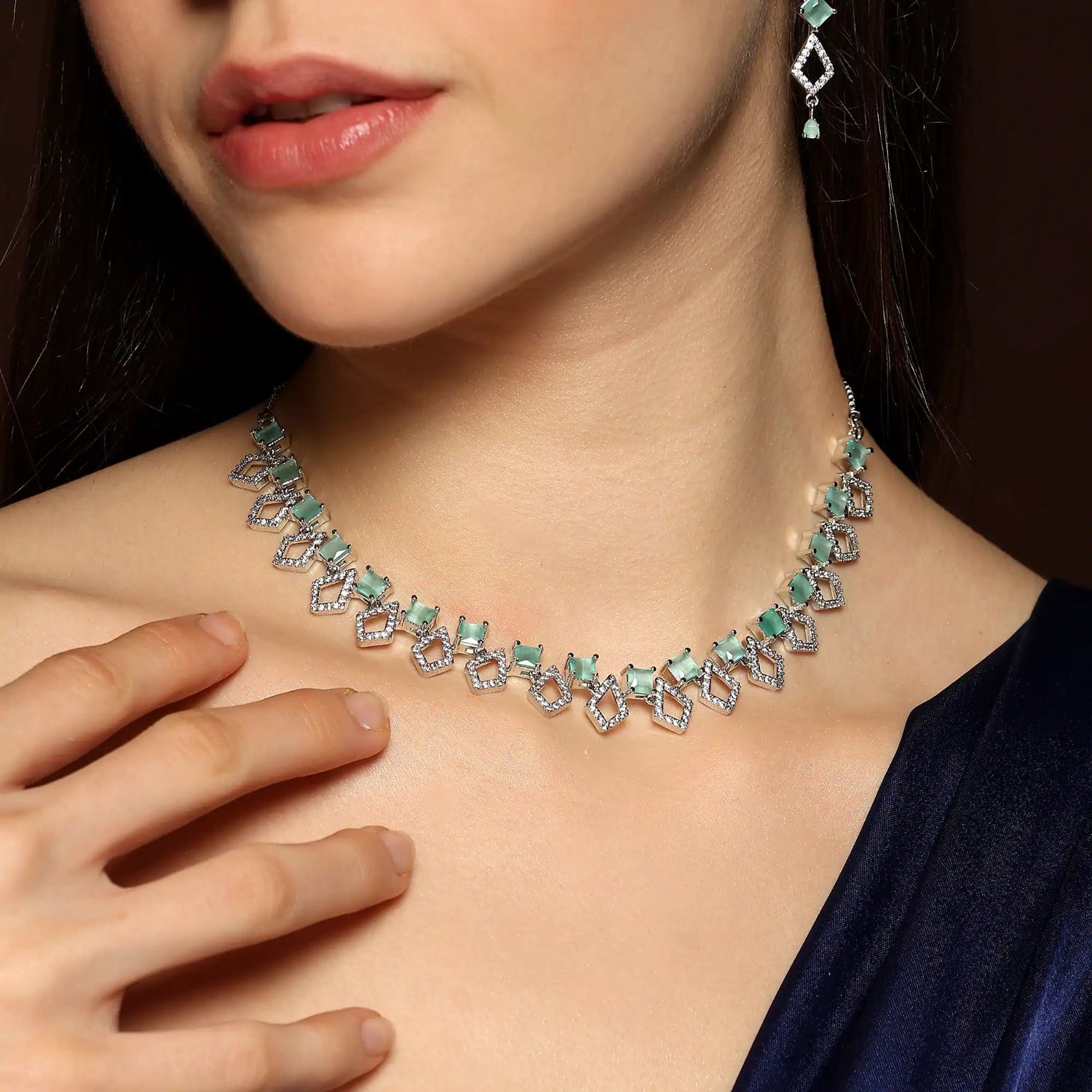 Elegant silver tone mint green geometric necklace set for women – Aurelia Mint