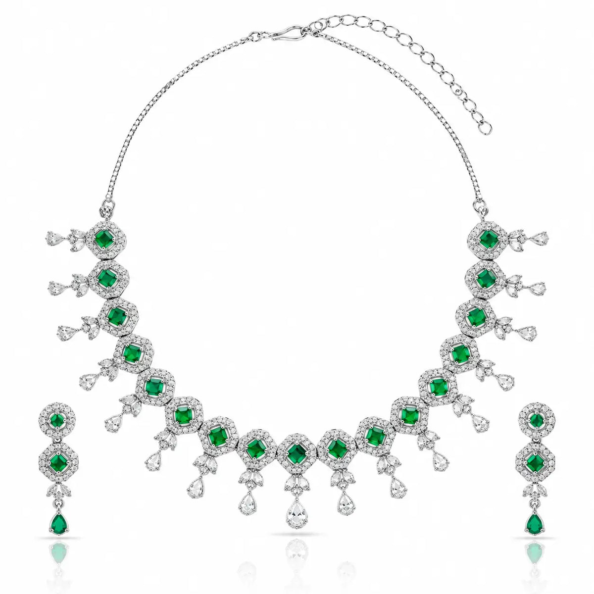 Elara Green Necklace Set – Diamond-Style Emerald Stone Necklace & Earrings