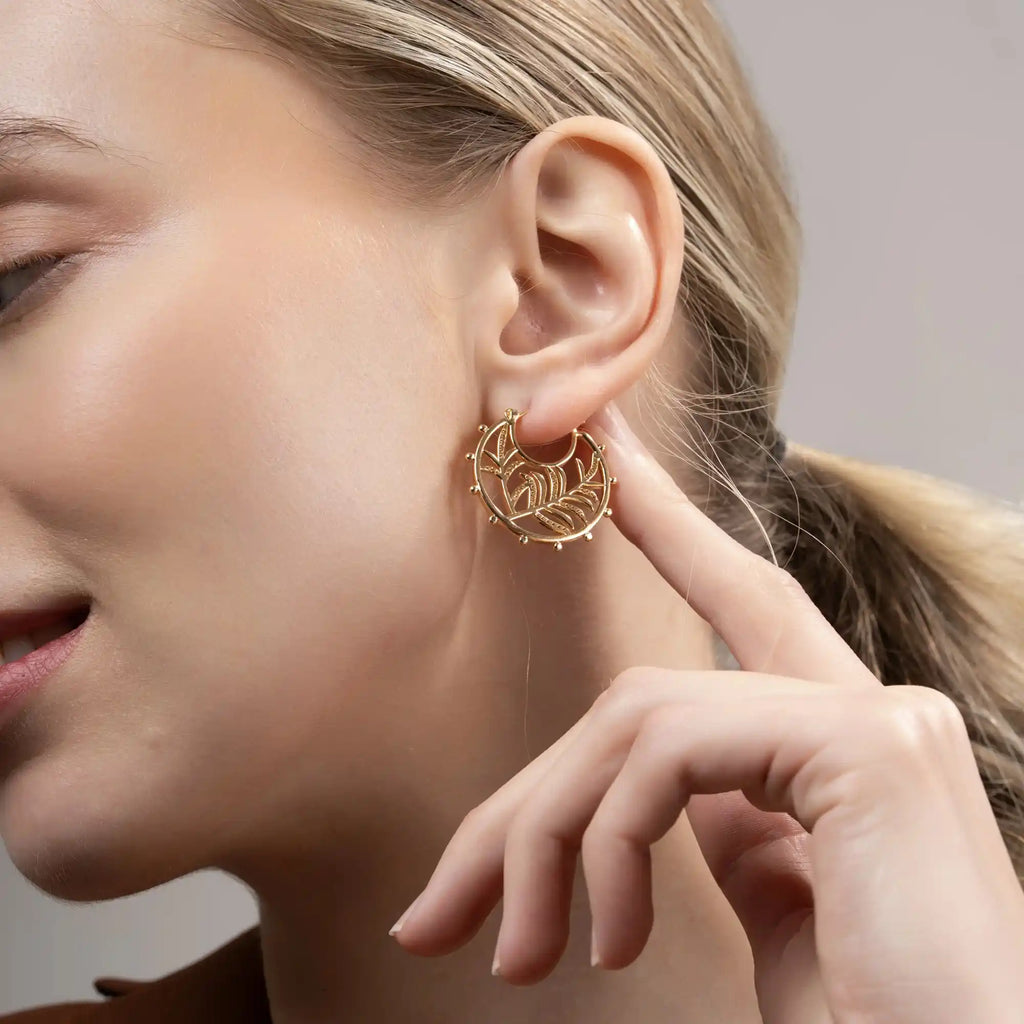 Botanic Charm Hoops | Botanical Leaf-Pattern Gold Hoops - Own It Pure