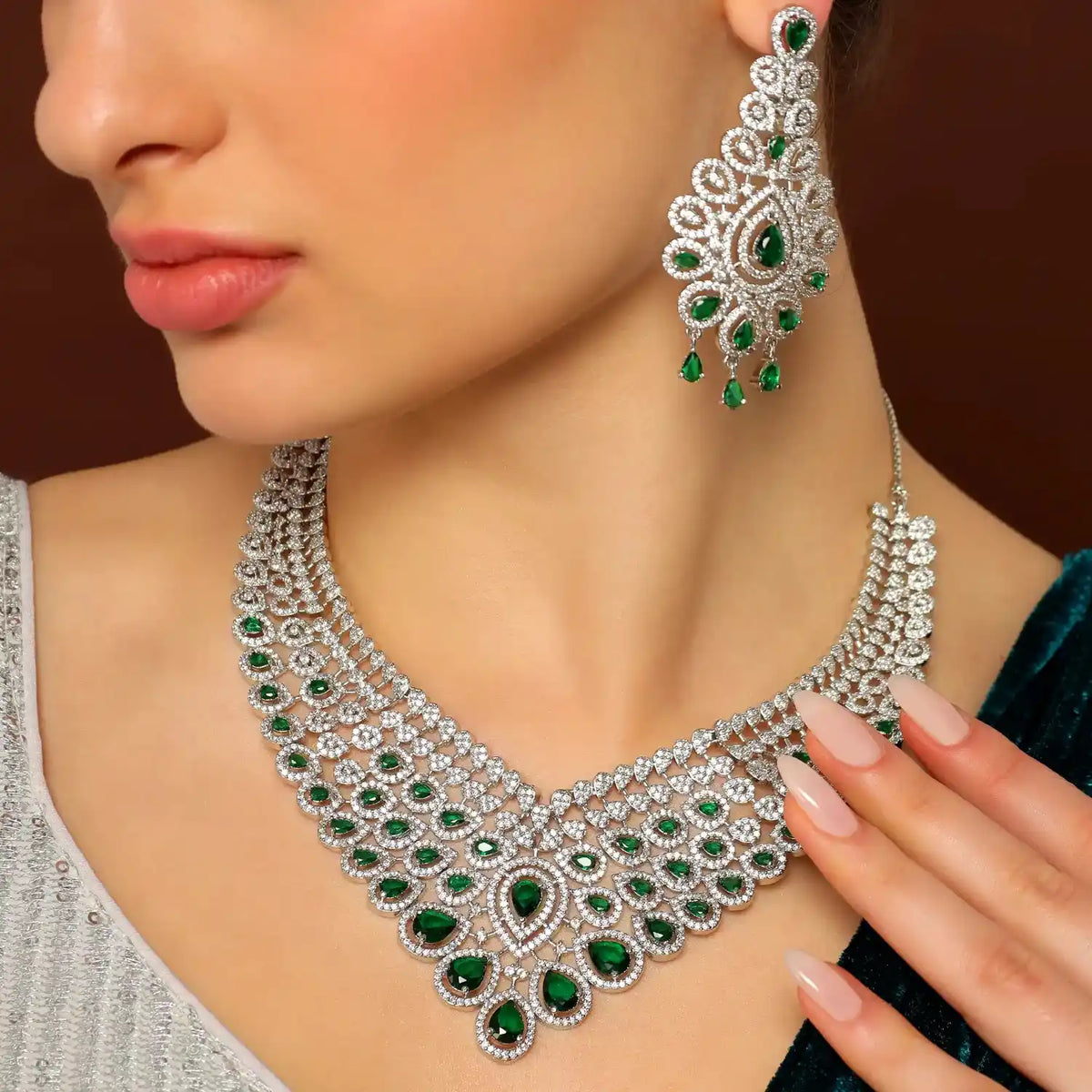 Cascade Necklace Set | Layered Green Jewellery Set for Wedding Guests