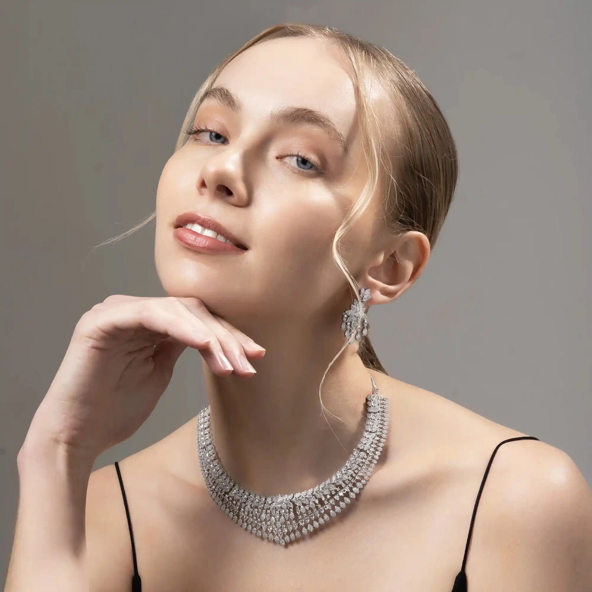 Diamond Veil Set Layered Cascade Necklace & Earring for Women – American Diamond Bridal Set