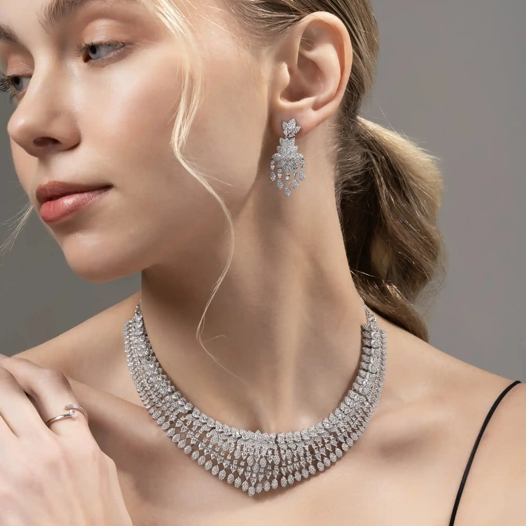 Diamond Veil Set Layered Cascade Necklace & Earring for Women – American Diamond Bridal Set