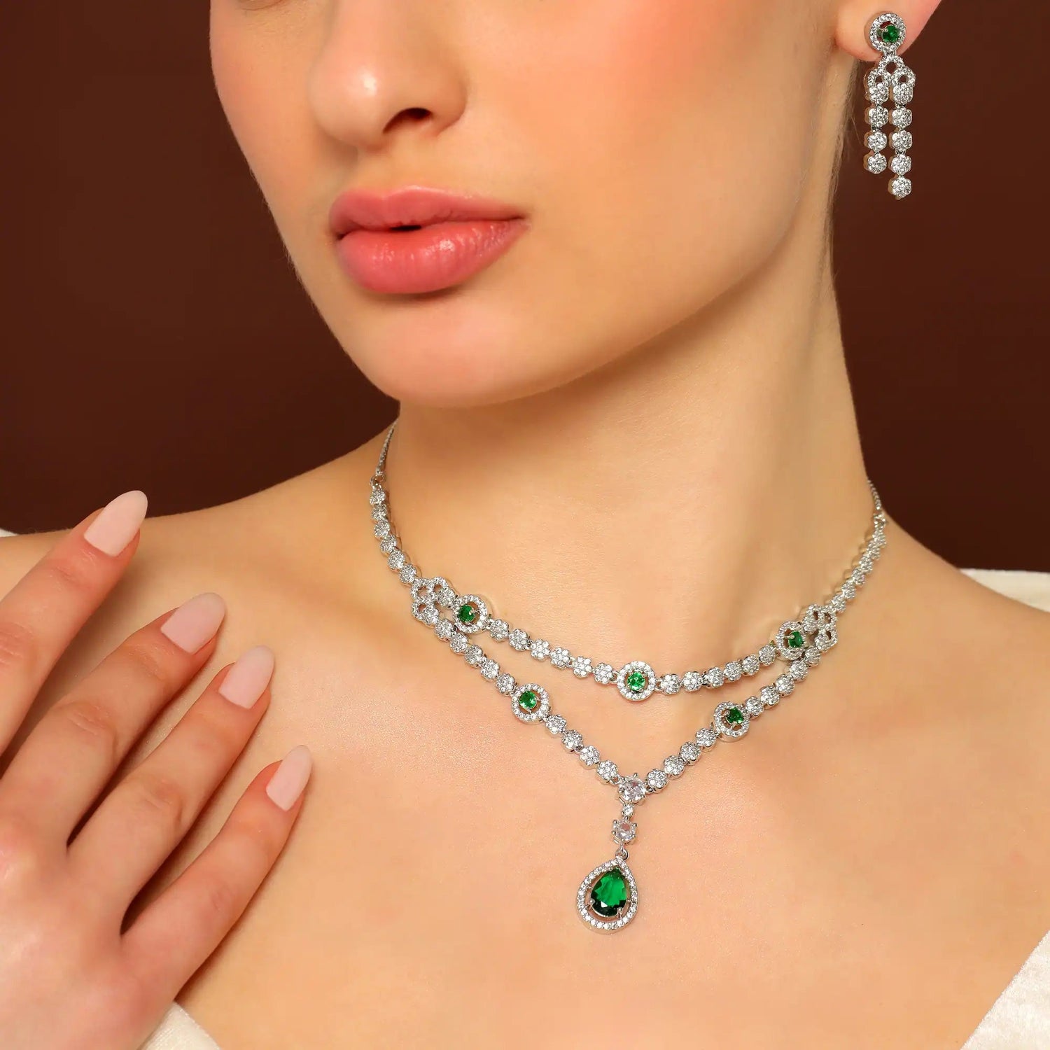 Evara Lust emerald green layered necklace with American diamonds in silver finish