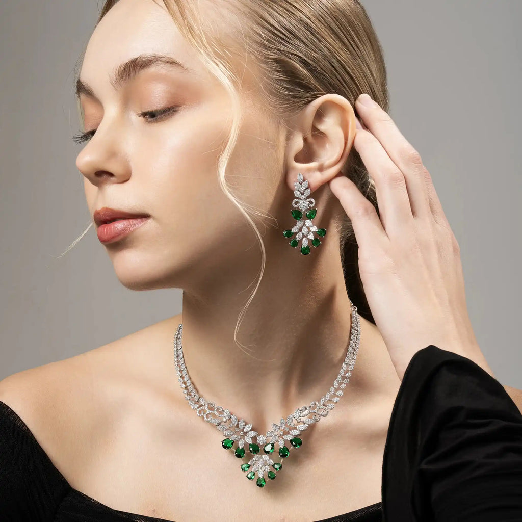 Floral Drop Necklace & Earring Set for Women – Emerald Green Stone