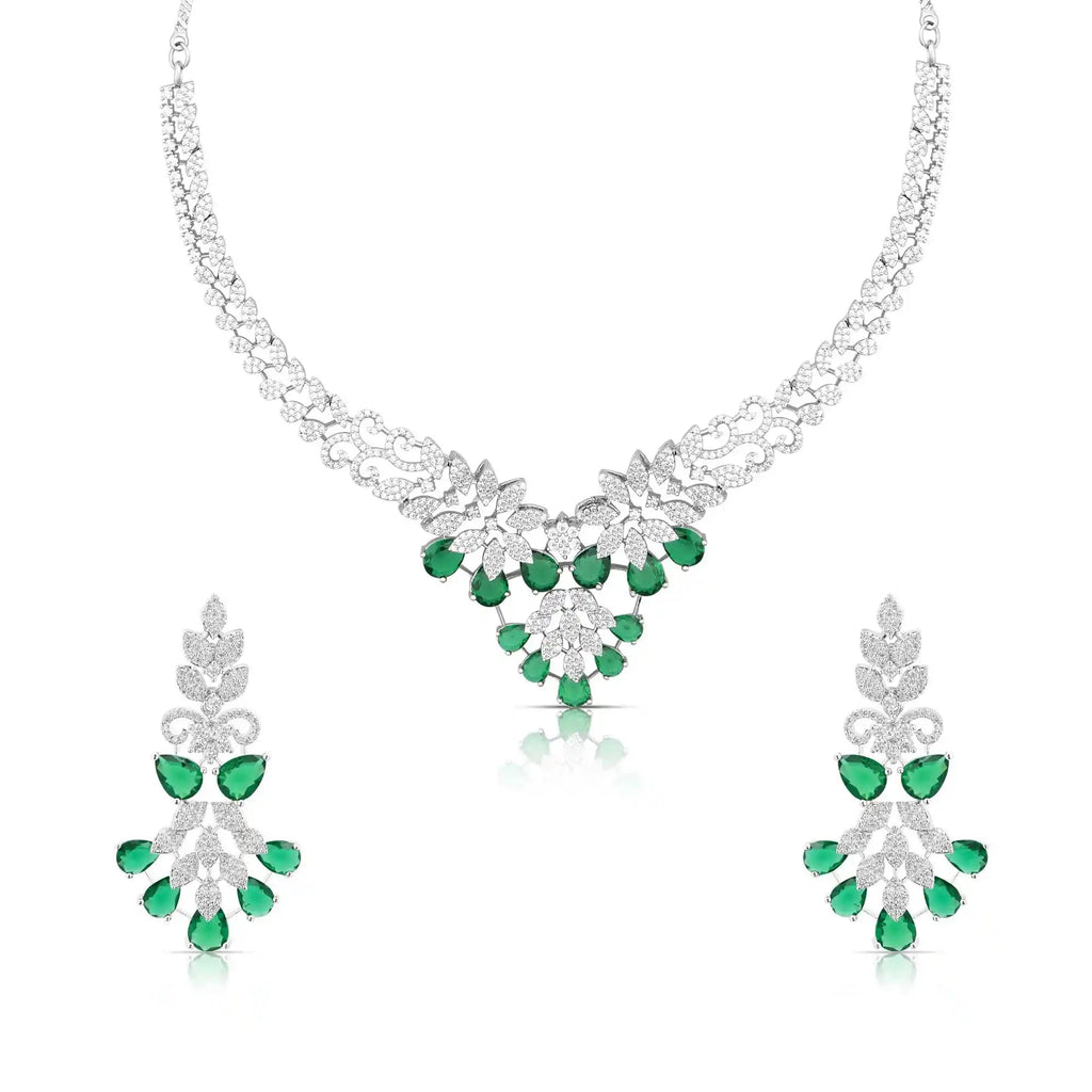 Floral Drop Necklace & Earring Set for Women – Emerald Green Stone