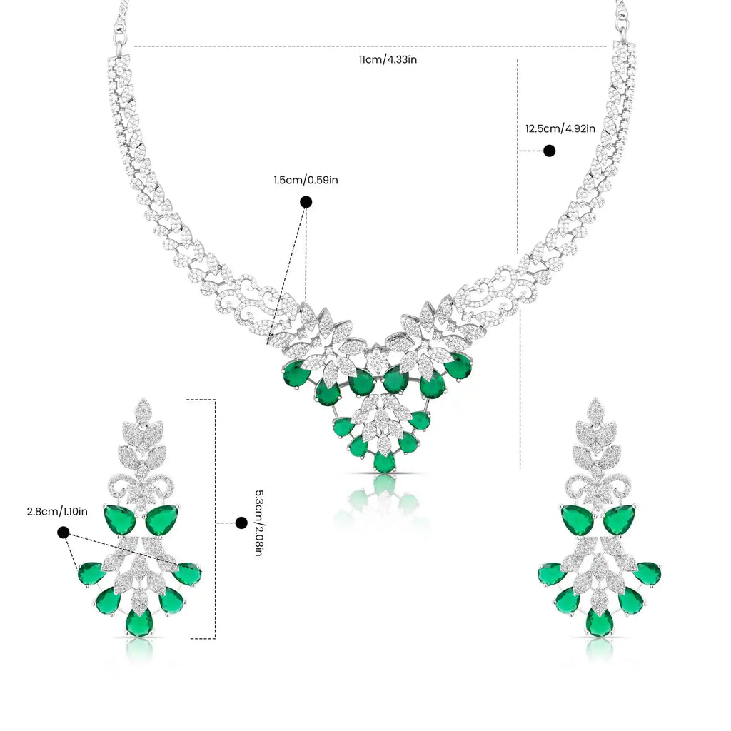 Floral Drop Necklace & Earring Set for Women – Emerald Green Stone
