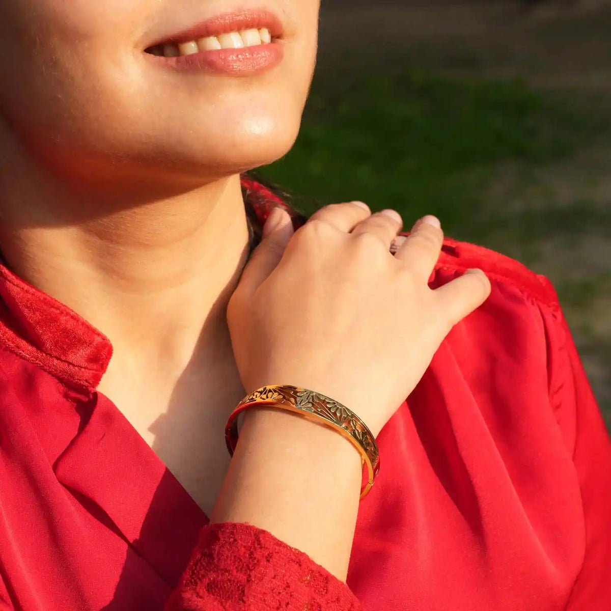 Flora Carve Bracelet – Gold-Tone Floral Cutwork Cuff Bracelet