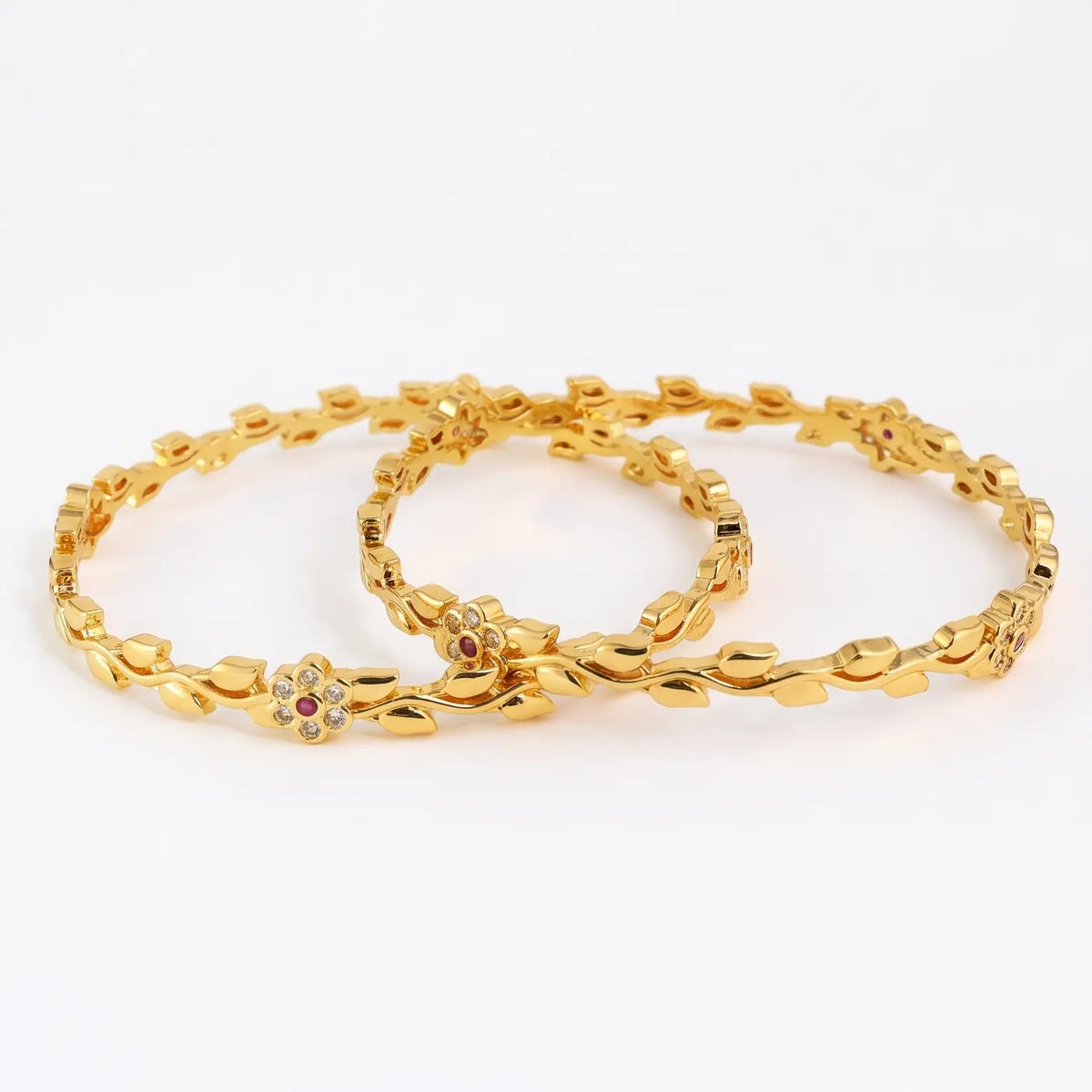 Gold Plated leaf  Bangles with Red Center Stone