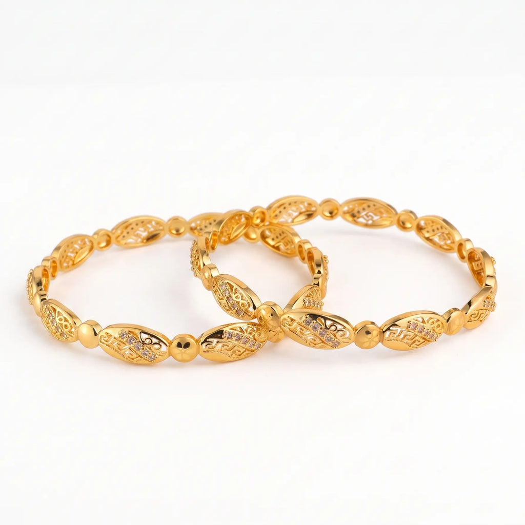 Gold-Plated Oval Filigree Bangles -  Elegant Antique-Inspired Designer Kada Set