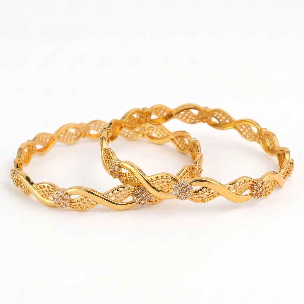 Floral Wave Designer Bangles - Twisted Pattern Stone-Studded Kada Set