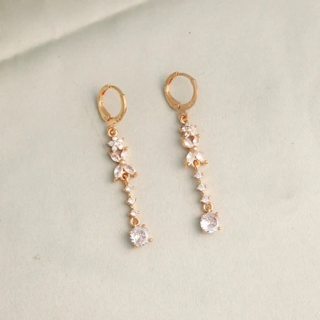 Gold Plated Crystal Bloom Drop Earrings – Rose Gold Long Latkan Danglers