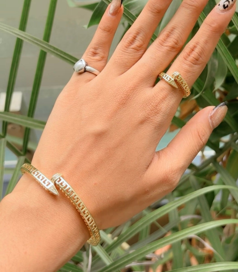 Hand wearing gold and silver rings with a bracelet against a leafy background