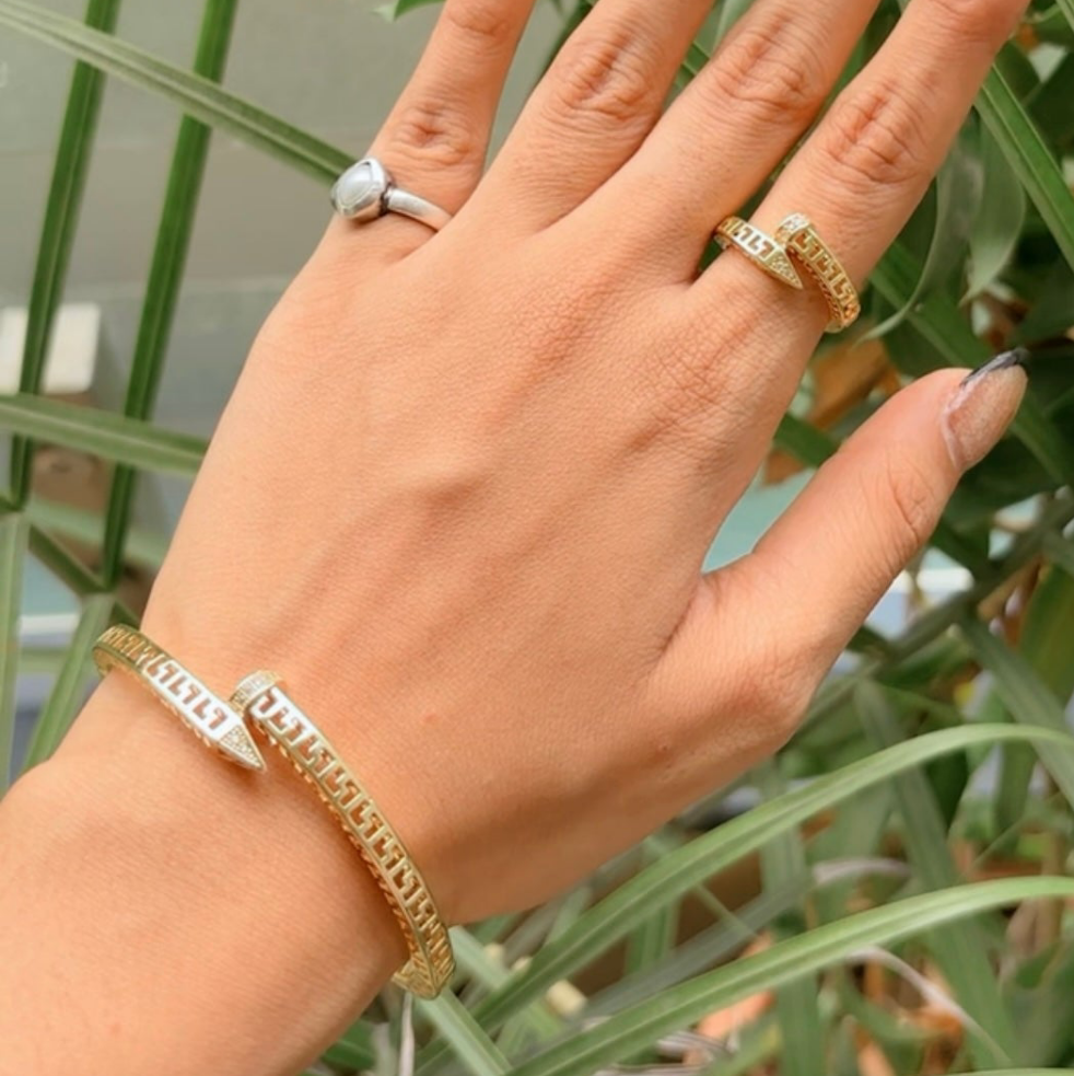 Hand wearing gold and silver rings with a bracelet against a leafy background