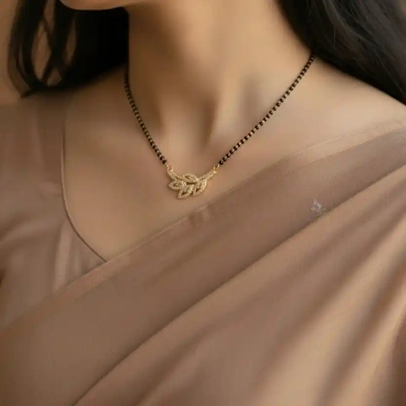 Leafshine Gold-Plated Mangalsutra – Dual-Leaf Pendant with Crystal Stones