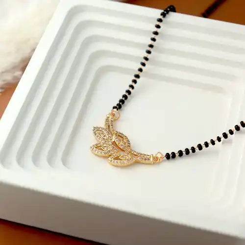 Leafshine Gold-Plated Mangalsutra – Dual-Leaf Pendant with Crystal Stones