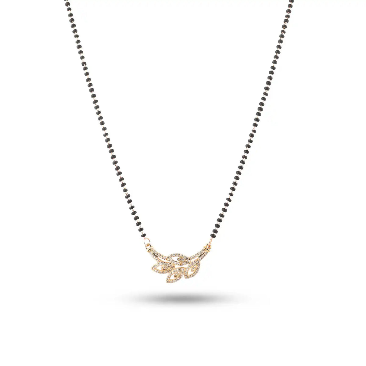 Leafshine Gold-Plated Mangalsutra – Dual-Leaf Pendant with Crystal Stones