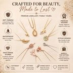 A promotional graphic for gold and rose gold necklaces, featuring multiple delicate pendant designs on a warm beige background with text highlighting product features like anti tarnish, waterproof, hypoallergenic, and high-grade stones.