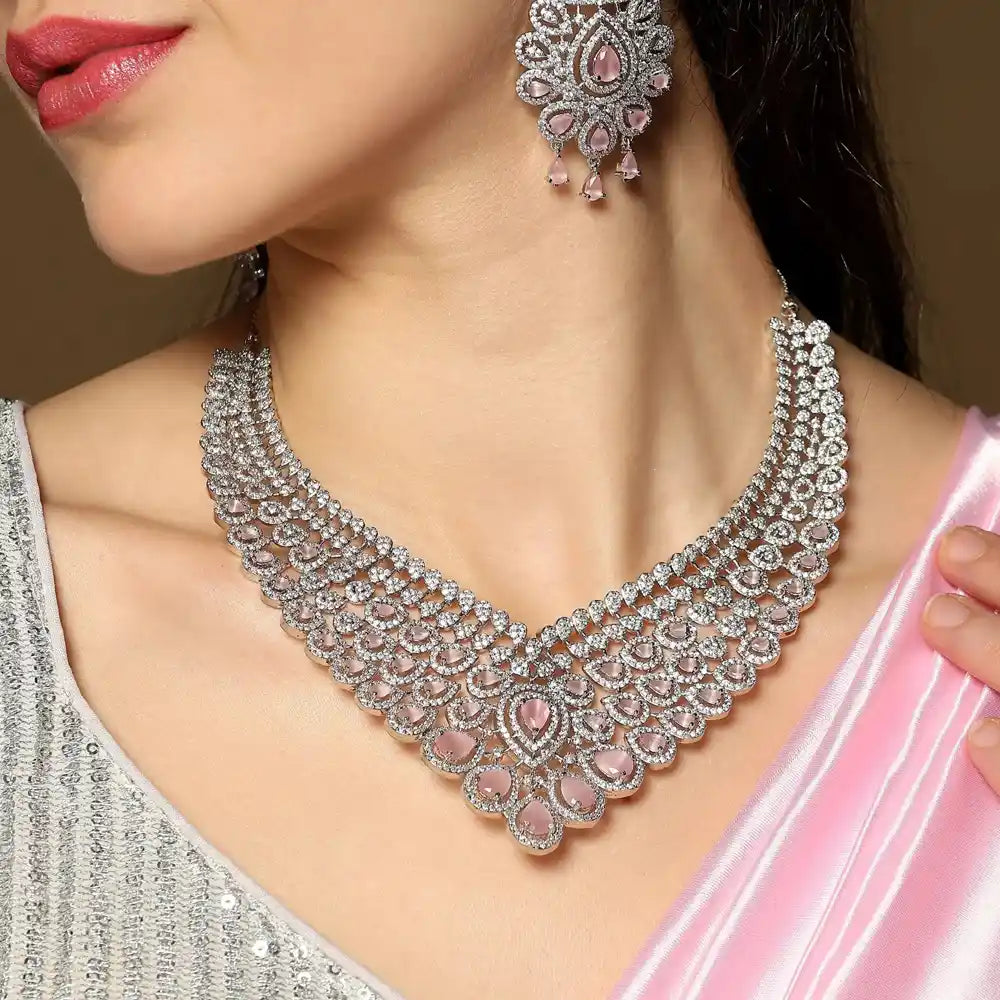 Pink Necklace Set | Blush Pink Stone Jewellery for Festive & Engagement