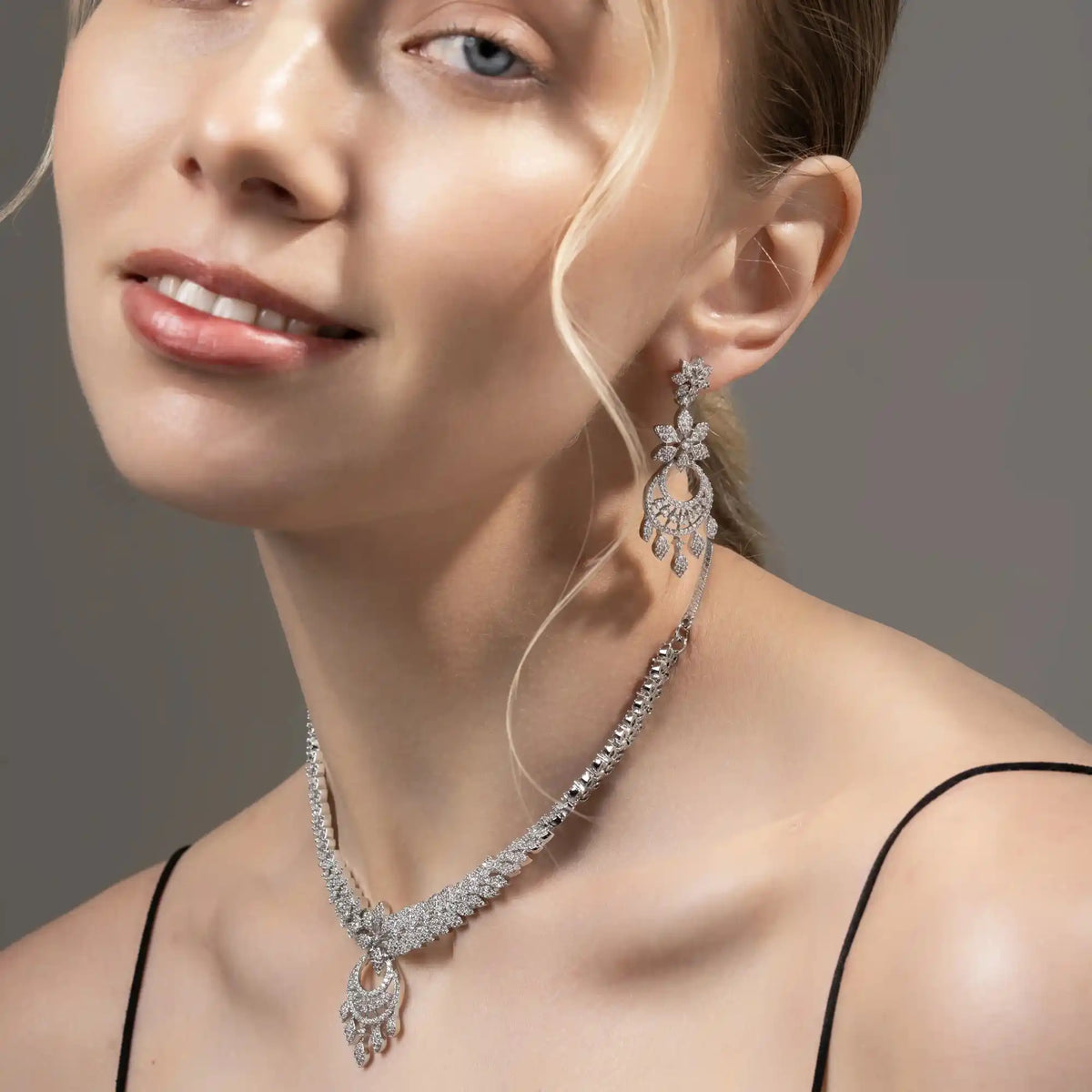 Starlume Chandelier Set – American Diamond Floral Necklace & Earring Set for Women