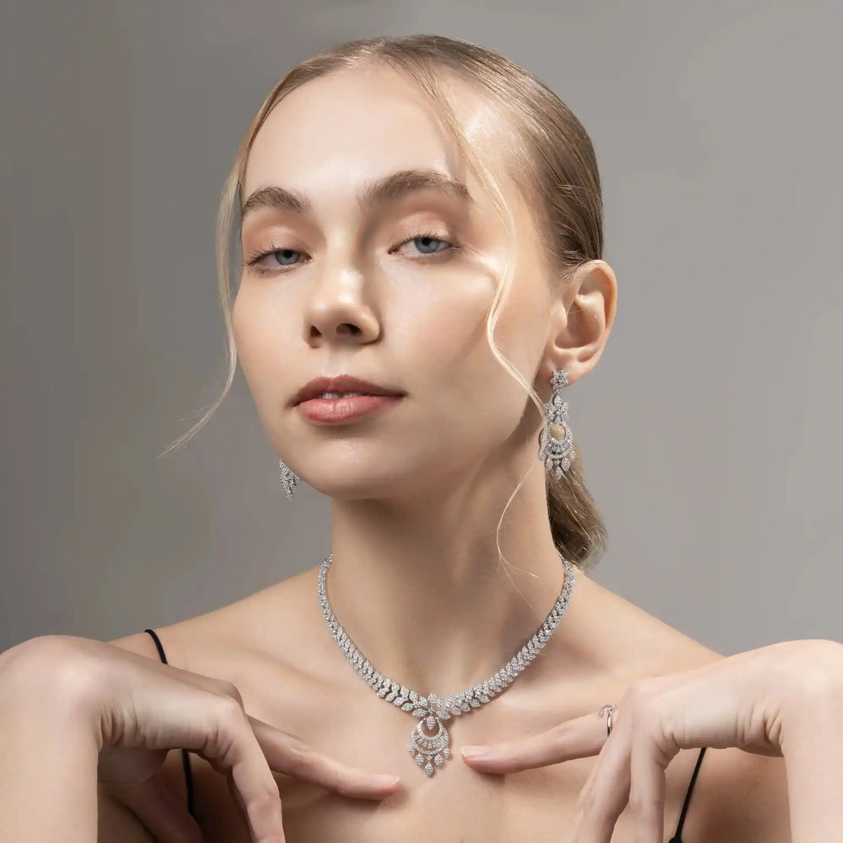 Starlume Chandelier Set – American Diamond Floral Necklace & Earring Set for Women