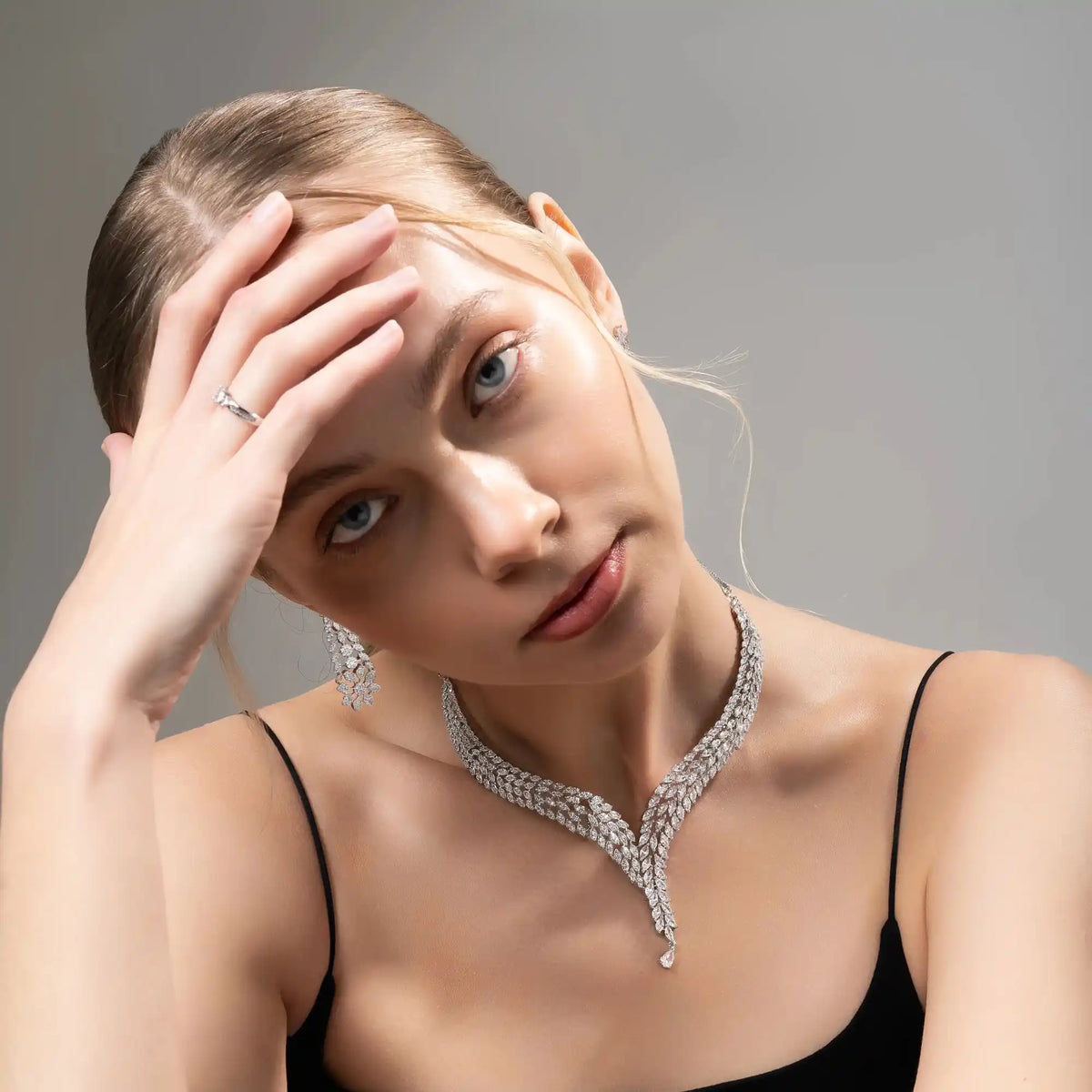 Velora V Cascade – American Diamond V-Cascade Necklace & Earring Set for Women | Silver Plated