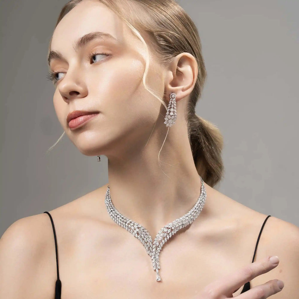 Velora V Cascade – American Diamond V-Cascade Necklace & Earring Set for Women | Silver Plated