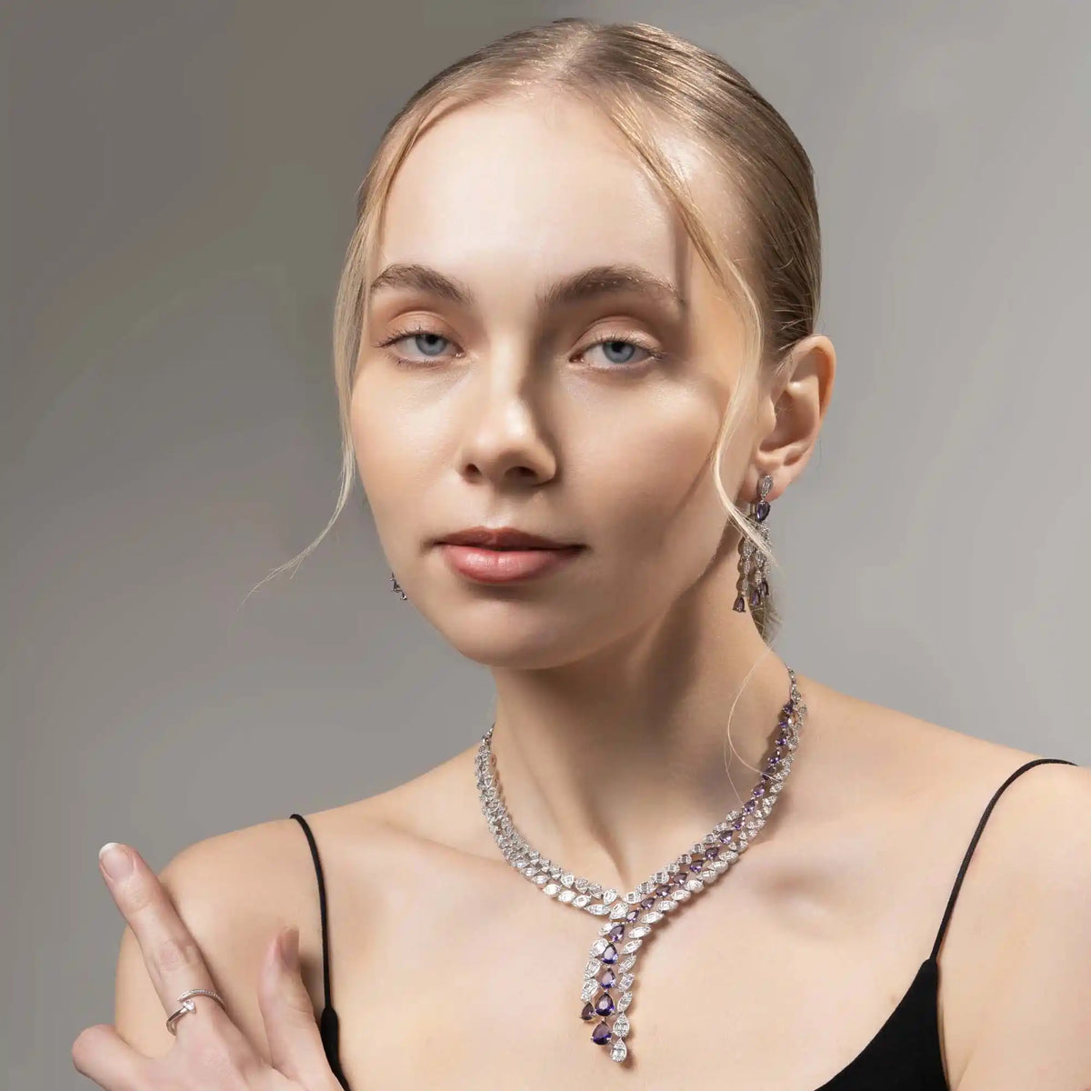 Violet Royale Set – American Diamond Y-Drop Necklace & Earring Set for Women