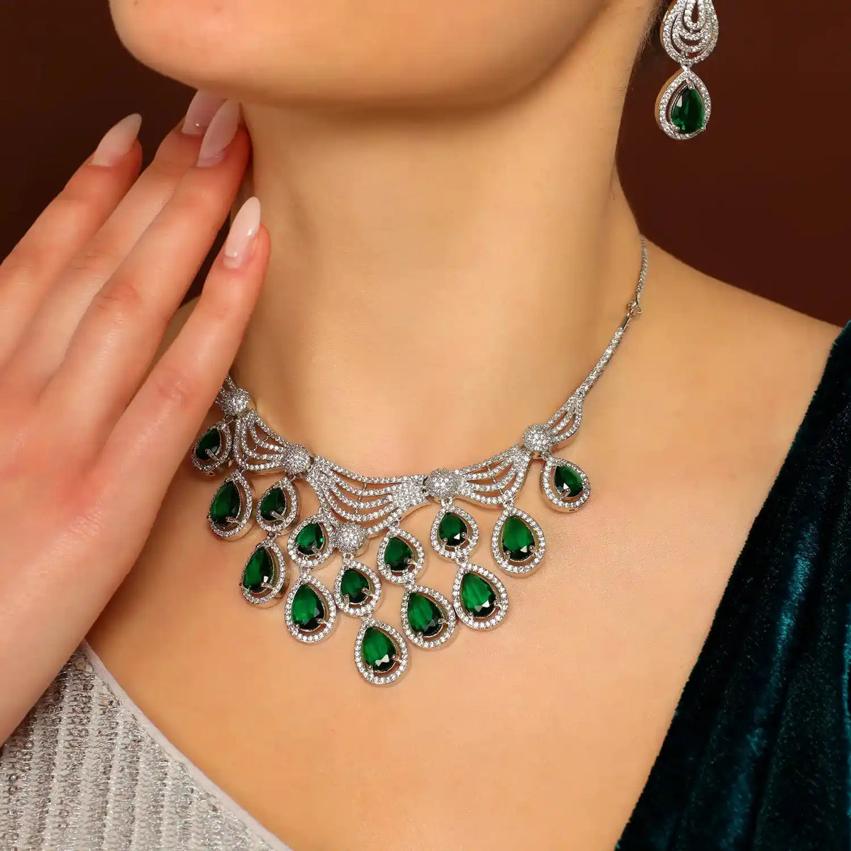 Waterfall Necklace | Green Layered Statement Necklace for Saree & Gown