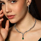 Elegant silver tone emerald green stone necklace set for women – Zyra Emerald Glow