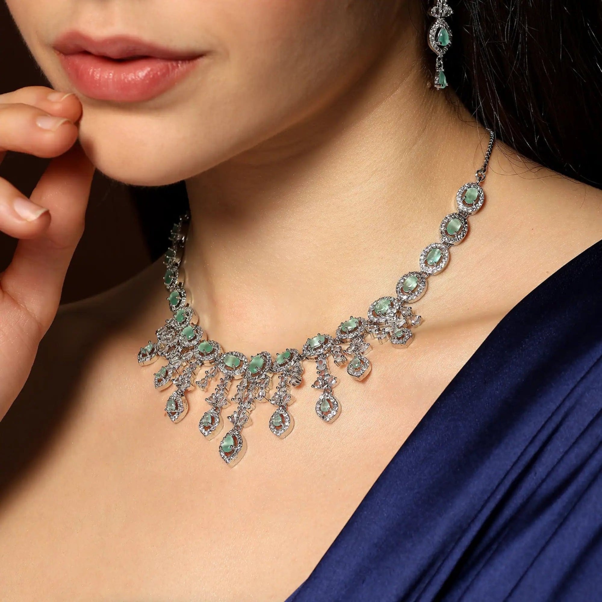 Seraphine Drop Necklace Set with Earrings | Elegant Mint Green Jewellery