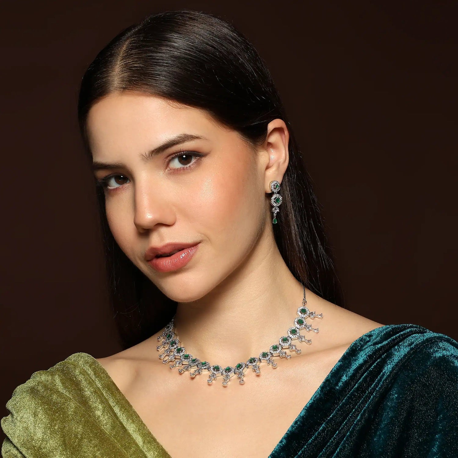Emerald green stone necklace set for women with diamond style design