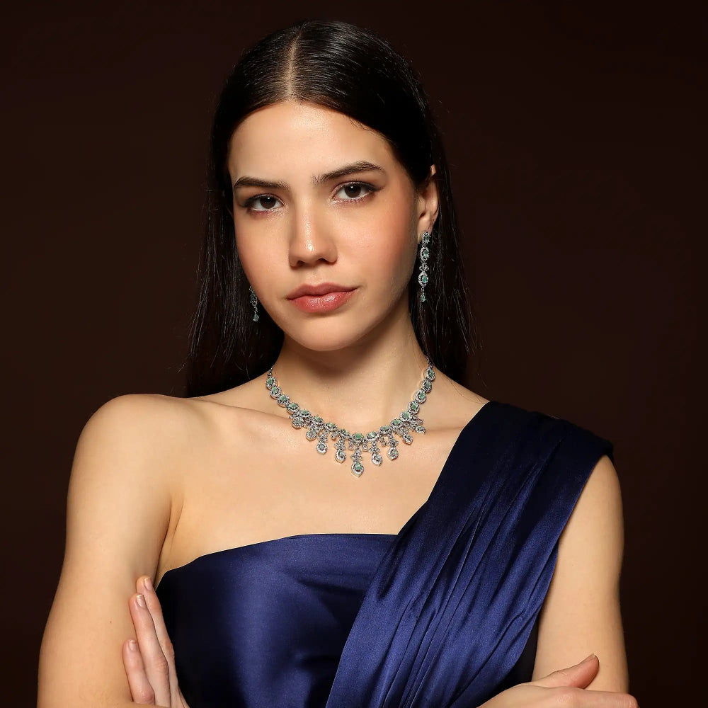 Elegant silver tone mint green drop necklace set with earrings for women – Seraphine Drop