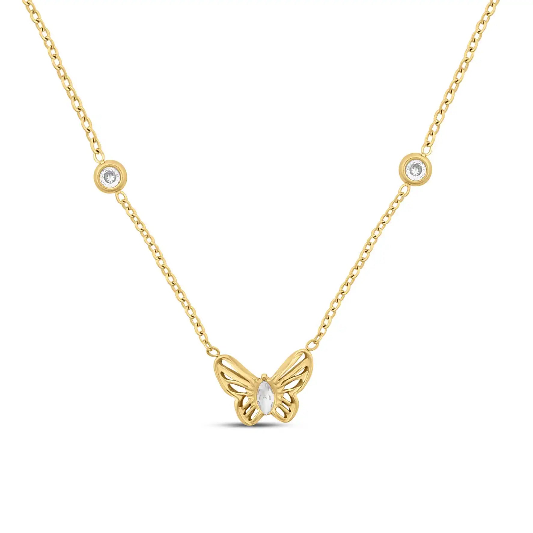 Gold butterfly necklace with small diamonds on a white background