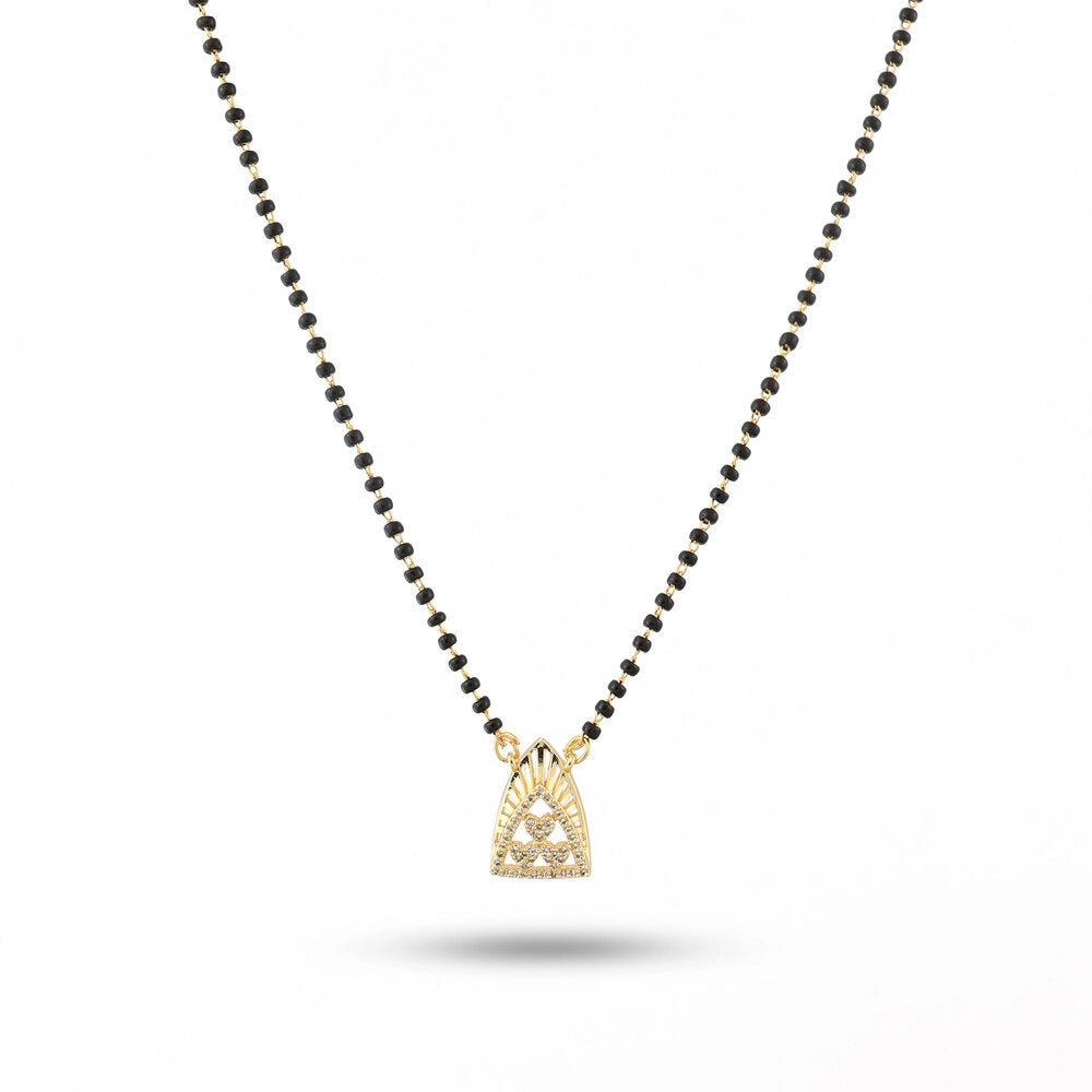 Necklace with a gold triangle pendant on a white background