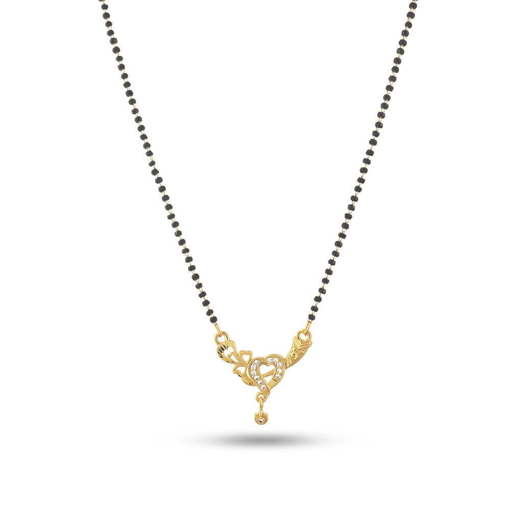 Necklace with black beads and a gold heart-shaped pendant on a white background