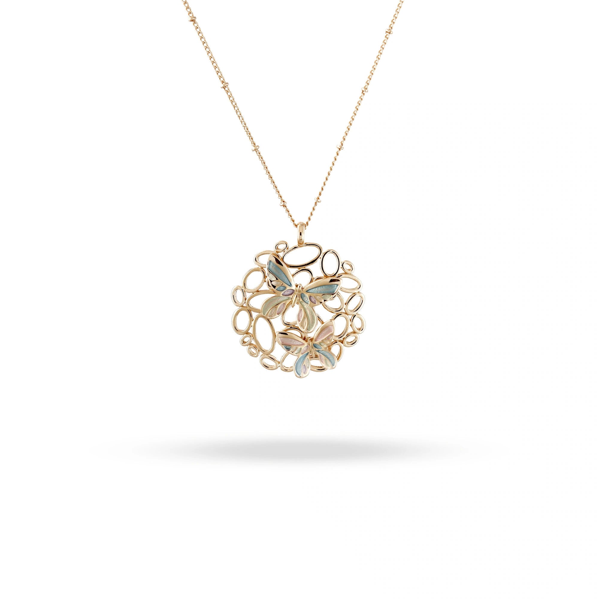 Gold necklace with a floral pendant on a white background
