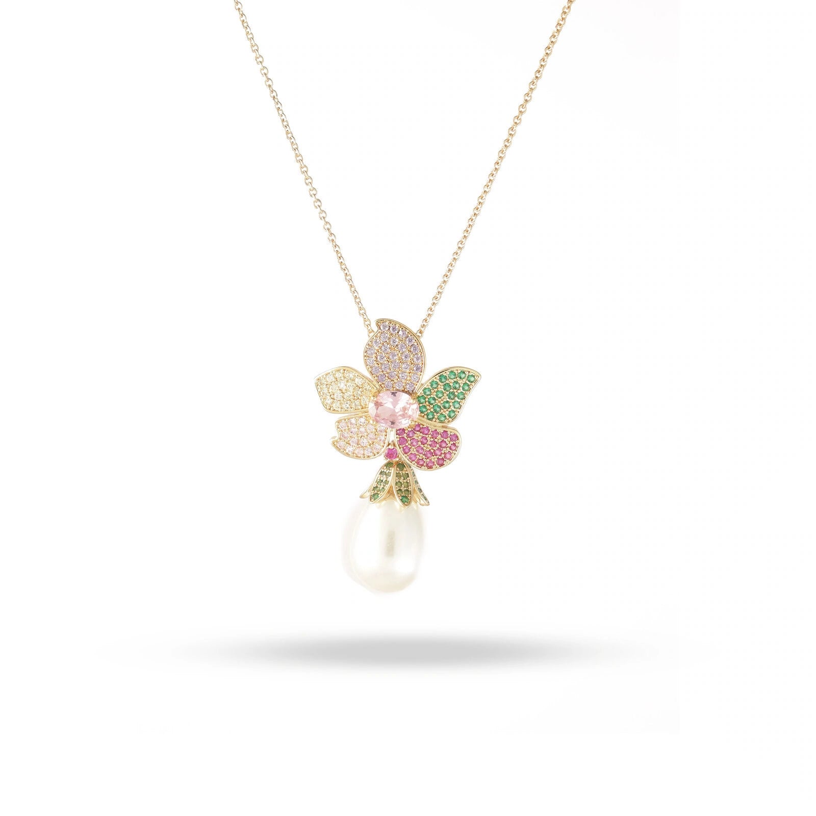 Delicate necklace with a butterfly pendant featuring colorful gemstones on a white background
