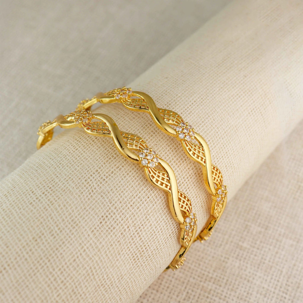 Floral Wave Designer Bangles - Twisted Pattern Stone-Studded Kada Set