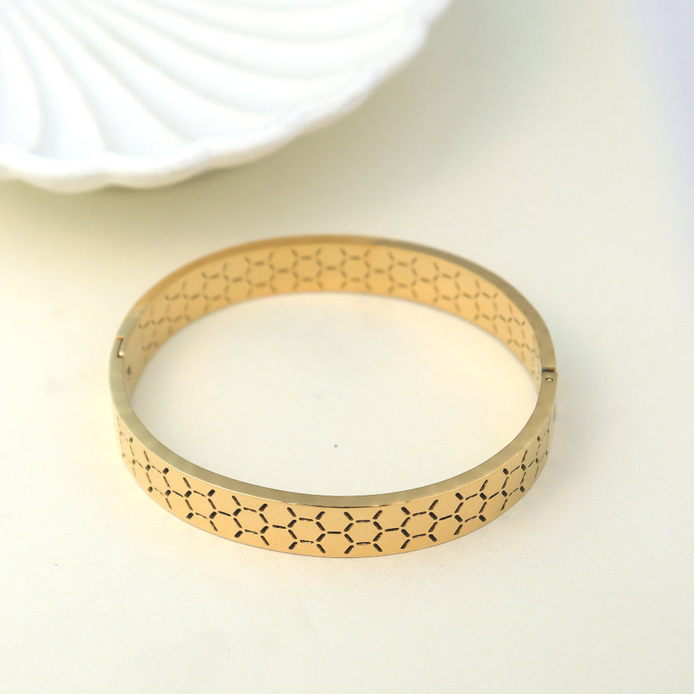 Trendy gold-toned hexagon cuff bracelet for women – sleek and modern fashion jewellery piece perfect for everyday wear or festive styling, anti-tarnish designer bracelet by Own It Pure.