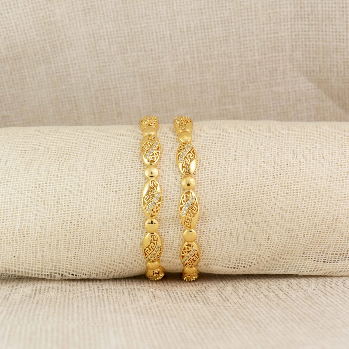 Gold-Plated Oval Filigree Bangles -  Elegant Antique-Inspired Designer Kada Set