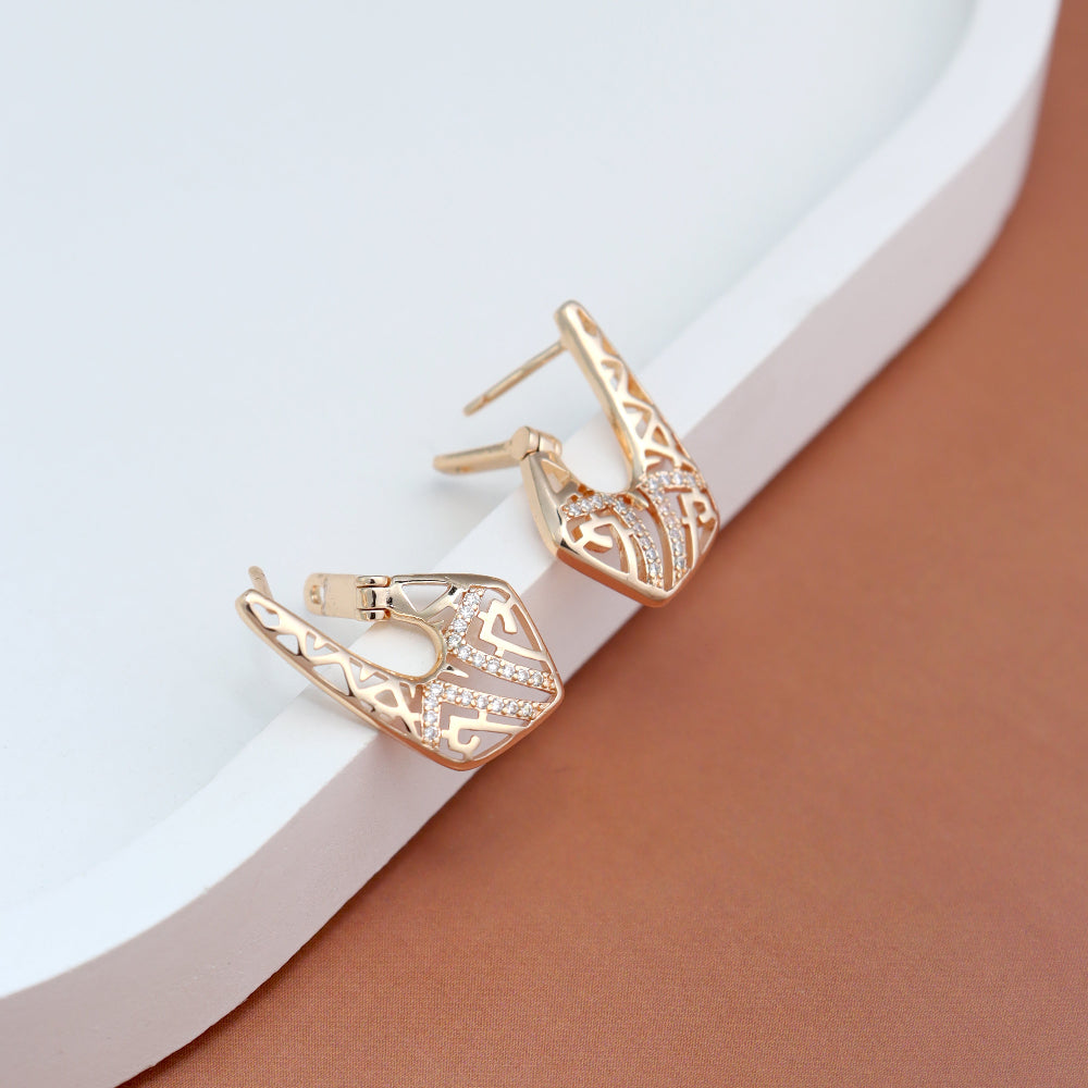 Trendy gold-plated hoop earrings for women – geometric designer fashion jewellery with American diamonds, perfect for party wear and everyday ethnic outfits.